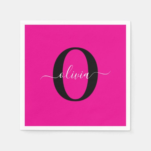 Persoonlijk monogram schrift naam roze zwart wit servet (Voorkant)
