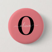 Persoonlijk monogram schrift naam zwart wit roze ronde button 5,7 cm (Voorkant)
