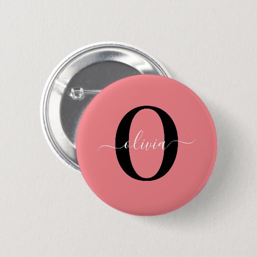 Persoonlijk monogram schrift naam zwart wit roze ronde button 5,7 cm (Voorkant /achterkant)