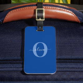 Persoonlijk monogram script naam blauw wit bagagelabel