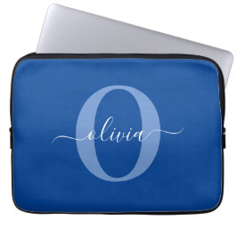 Persoonlijk monogram script naam blauw wit laptop sleeve