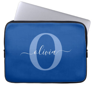 Persoonlijk Monogram Script Naam Blauw Wit Laptop Sleeve