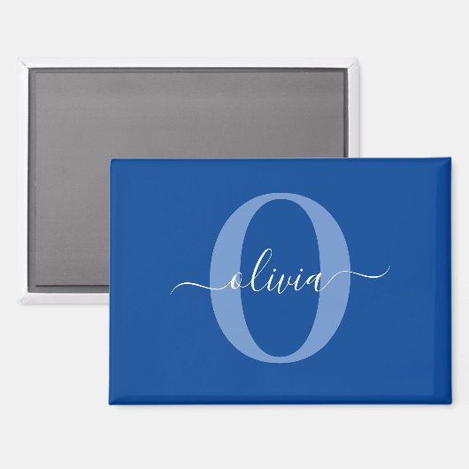 Persoonlijk Monogram Script Naam Blauw Wit Magneet (Voorkant / Achterkant)