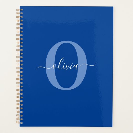 Persoonlijk Monogram Script Naam Blauw Wit Planner (Voorkant)