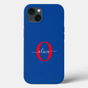 Persoonlijk monogram script naam Blauw Wit Rood Case-Mate iPhone Case