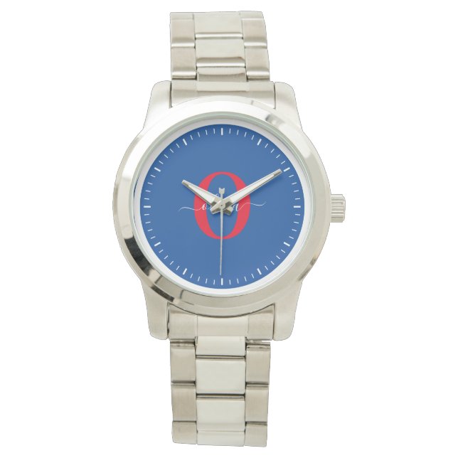 Persoonlijk monogram script naam Blauw Wit Rood Horloge (Voorkant)
