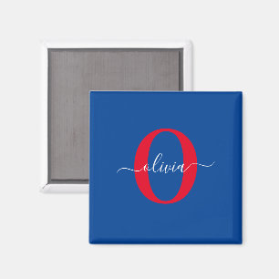 Persoonlijk monogram script naam blauw wit rood magneet
