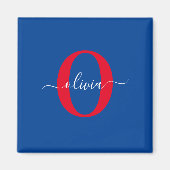 Persoonlijk monogram script naam blauw wit rood magneet (Voorkant)