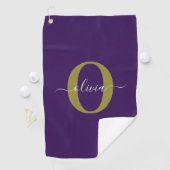 Persoonlijk Monogram Script Naam Paars Wit Goud Golfhanddoek (Insitu)