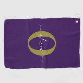 Persoonlijk Monogram Script Naam Paars Wit Goud Golfhanddoek (Horizontaal)