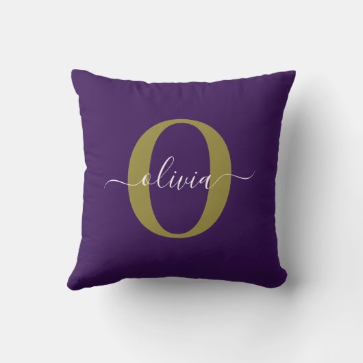 Persoonlijk Monogram Script Naam Paars Wit Goud Kussen (Achterkant)