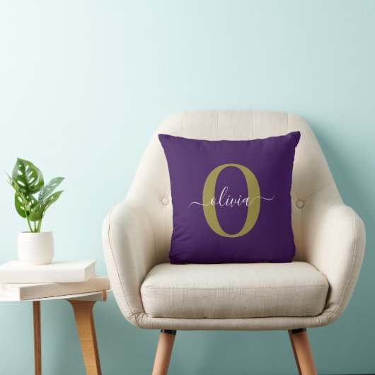 Persoonlijk Monogram Script Naam Paars Wit Goud Kussen (Stoel)