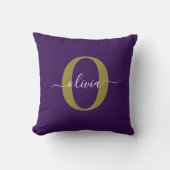 Persoonlijk Monogram Script Naam Paars Wit Goud Kussen (Voorkant)