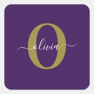 Persoonlijk Monogram Script Naam Paars Wit Goud Vierkante Sticker
