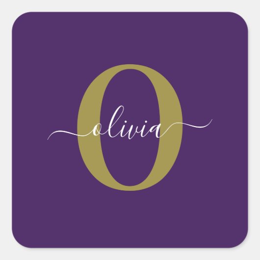 Persoonlijk Monogram Script Naam Paars Wit Goud Vierkante Sticker (Voorkant)