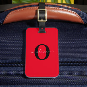 Persoonlijk monogram script naam Rood Zwart Wit Bagagelabel