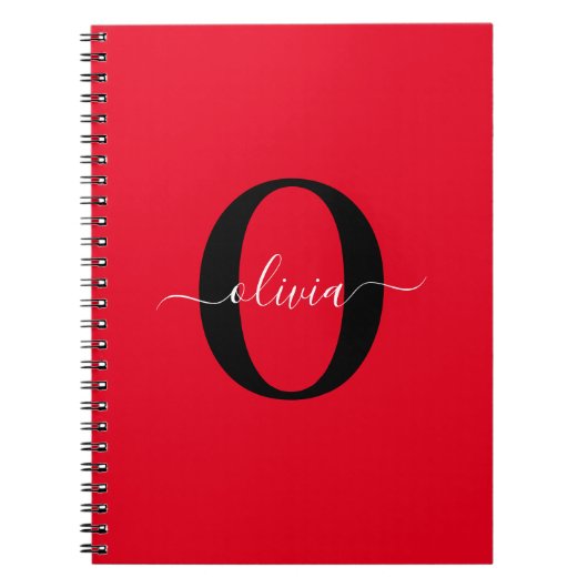 Persoonlijk Monogram Script Naam Rood Zwart Wit Notitieboek (Voorkant)