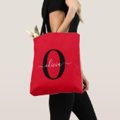 Persoonlijk Monogram Script Naam Rood Zwart Wit Tote Bag (Dichtbij)