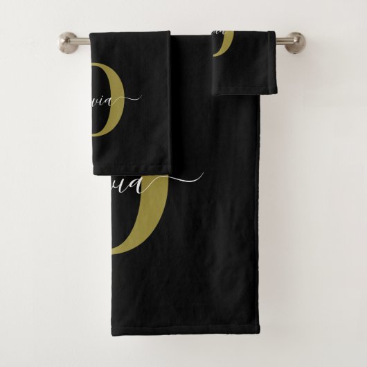 Persoonlijk Monogram Script Naam Zwart Wit Goud Bad Handdoek (Insitu)