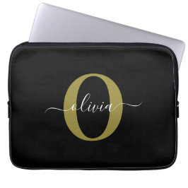 Persoonlijk Monogram Script Naam Zwart Wit Goud Laptop Sleeve