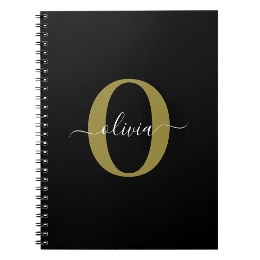 Persoonlijk Monogram Script Naam Zwart Wit Goud Notitieboek (Voorkant)