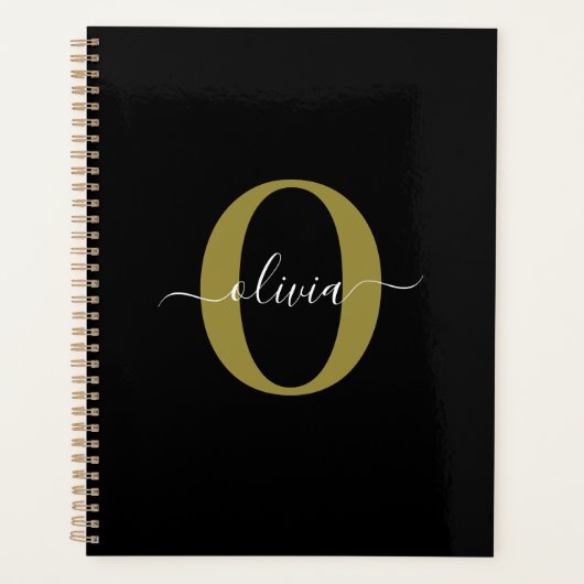 Persoonlijk Monogram Script Naam Zwart Wit Goud Planner (Voorkant)