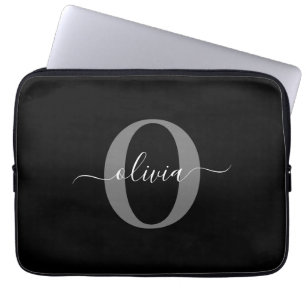 Persoonlijk Monogram Script Naam Zwart Wit Grijs Laptop Sleeve