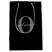 Persoonlijk Monogram Script Naam Zwart Wit Grijs Medium Cadeauzakje (Voorkant)