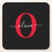 Persoonlijk monogram script naam Zwart Wit Rood Kartonnen Onderzetters (Voorkant)