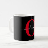 Persoonlijk monogram script naam Zwart Wit Rood Koffiemok (Voorkant links)