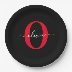 Persoonlijk Monogram Script Naam Zwart Wit Rood Papieren Bordje
