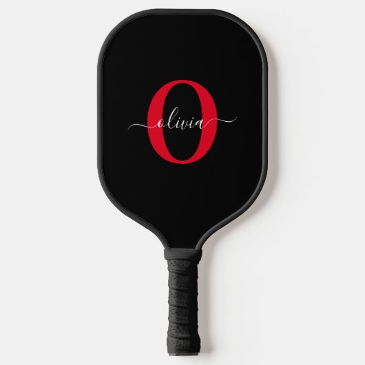 Persoonlijk monogram script naam Zwart Wit Rood Pickleball Paddle (Voorkant)