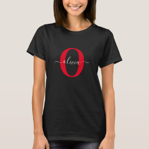 Persoonlijk Monogram Script Naam Zwart Wit Rood T-shirt