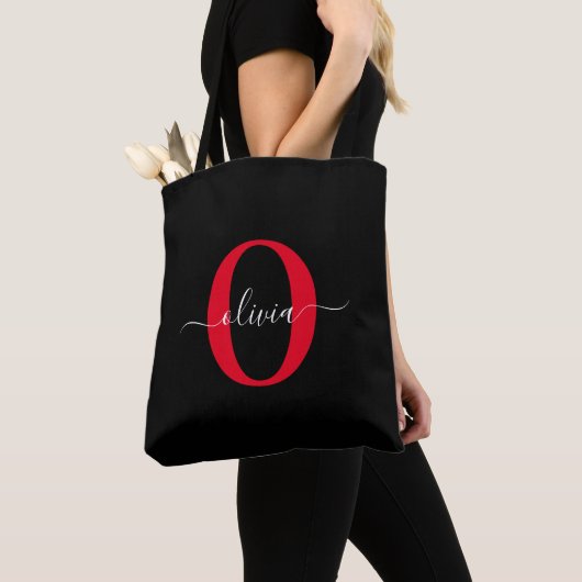 Persoonlijk Monogram Script Naam Zwart Wit Rood Tote Bag (Dichtbij)