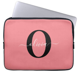 Persoonlijk monogram script naam zwart wit roze laptop sleeve
