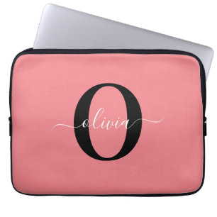 Persoonlijk Monogram Script Naam Zwart Wit Roze Laptop Sleeve