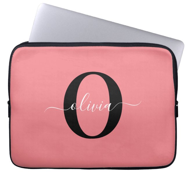 Persoonlijk monogram script naam zwart wit roze laptop sleeve (Voorkant)