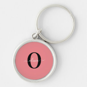 Persoonlijk Monogram Script Naam Zwart Wit Roze Sleutelhanger