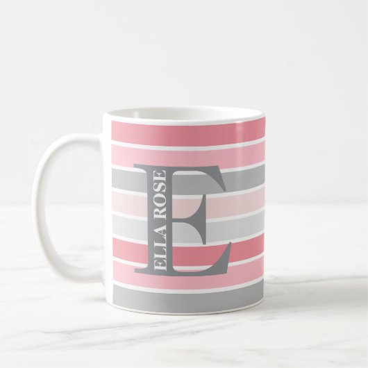 Persoonlijk monogram 'Tinten van Roze' gestreept Koffiemok (Links)