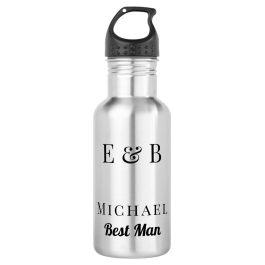 Persoonlijk monogram trouwgetuige cadeau zwart waterfles (Voorkant)
