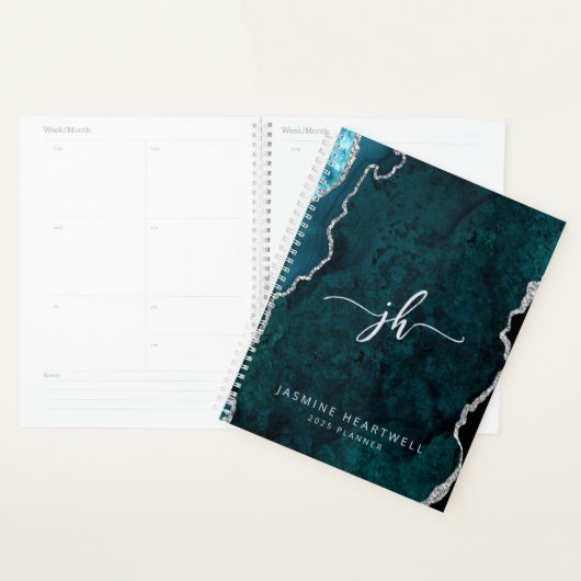 Persoonlijk monogram turquoise zilver agaat 2025 planner (Display)