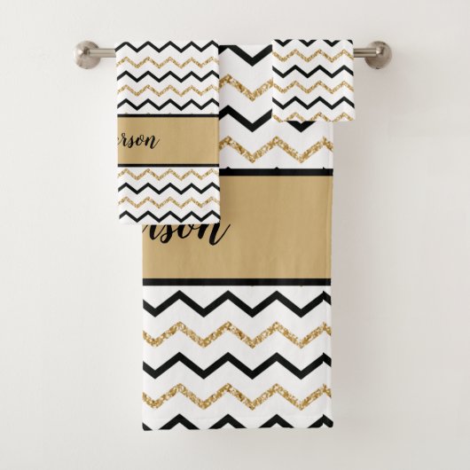 Persoonlijk monogram zwart goud wit Chevron Bad Handdoek (Insitu)