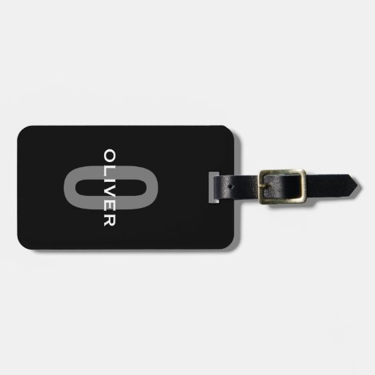 Persoonlijk monogram zwart grijs wit naam bagagelabel (Voorkant horizontaal)