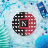 Persoonlijk Monogram Zwart Rood Wit Harten Papieren Bordje (Feest)