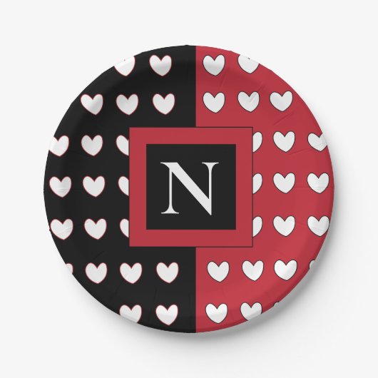 Persoonlijk Monogram Zwart Rood Wit Harten Papieren Bordje (Voorkant)
