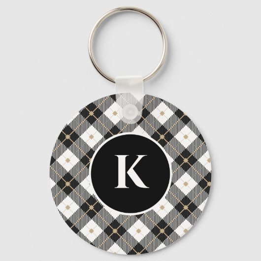 Persoonlijk monogram zwart wit goud geruit sleutelhanger (Voorkant)