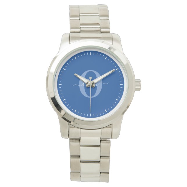 Persoonlijk naam schrift met initialen Blauw Wit Horloge (Voorkant)