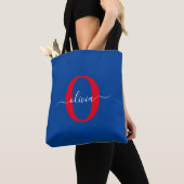 Persoonlijk naam schrift met initialen Blauw Wit R Tote Bag (Dichtbij)