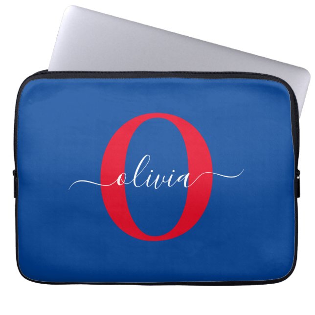 Persoonlijk Naamlogo Schreef Naam Blauw Wit Rood Laptop Sleeve (Voorkant)