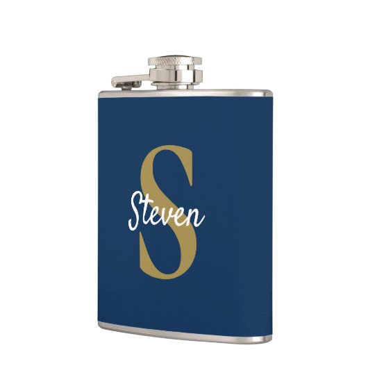 Persoonlijk Navy Blauw en Goud Monogram Heupfles (Links)